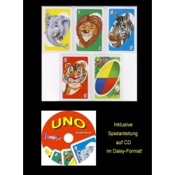 Ein Bild von dem Kartenspiel UNO Junior mit Brailleschrift